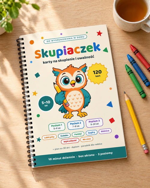Wydrukowany zeszyt Skupiaczek na stole z kredkami